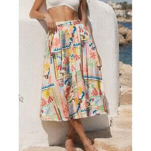 Zara NEW Patchwork Printed Cape Skirt Beach Tropical Midi Button Front SZ Medium